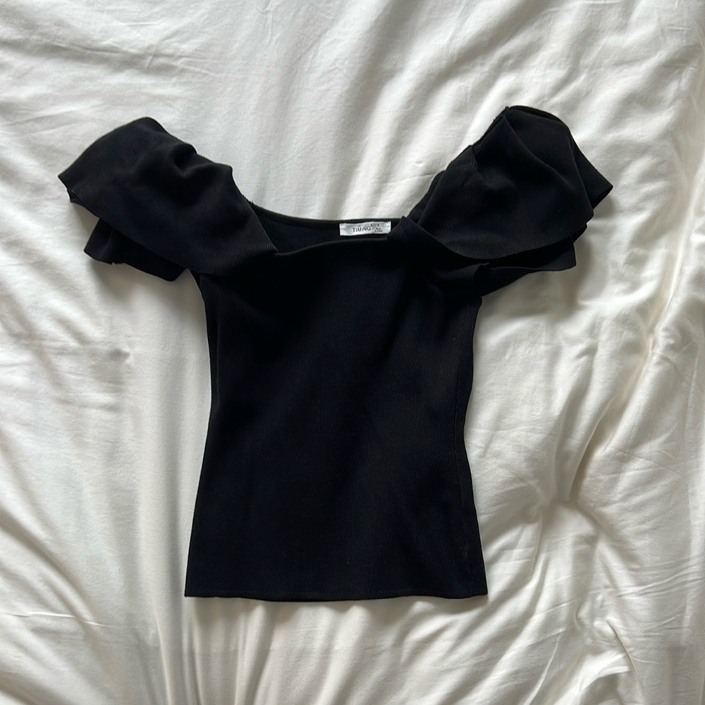 TIMING- Black Ruffle Sleeve Top
